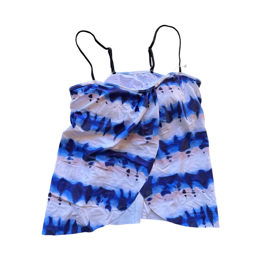 Beachsissi Blue White Tie Dye Wrap Front Tankini Swim Top‎ Adjustable Straps M